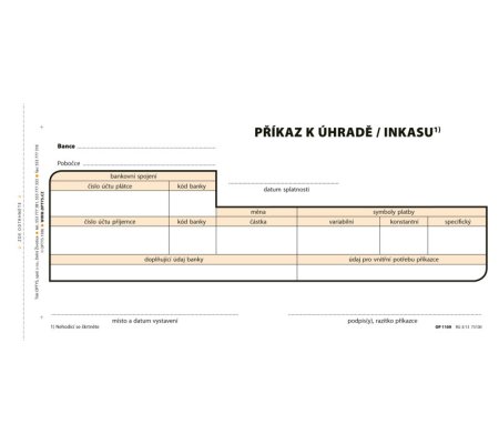 Jednorázový příkaz k úhradě, samopropisovací, 21 x 10 cm, 100 listů